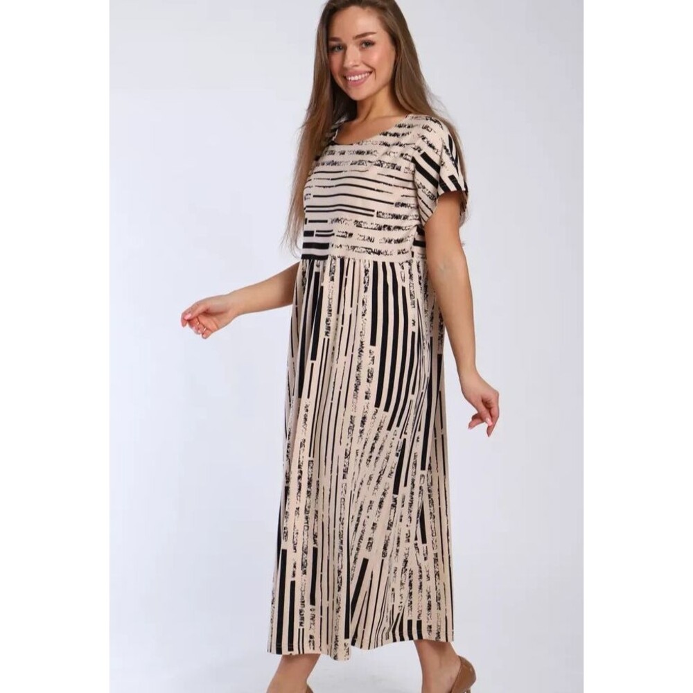 Womens L Beige Print Cotton Knit Long House Dress Short Sleeve Casual Dress Cozy